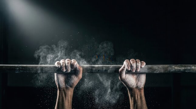 Strong hands gripping a barbell, covered in chalk powder with dust. Dark background, dramatic lighting. Intense effort, strength training.