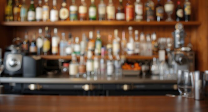 Blurred bar counter scene with wooden panel backdrop and beverage assortment
