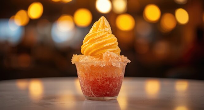 Brightly layered shaved ice dessert in cup featuring ambient warm blurred light effects