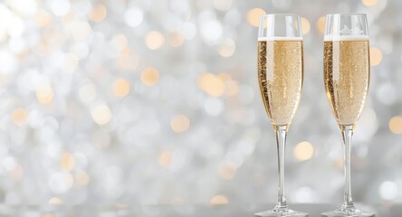 Naklejka premium Holiday celebration scene with white and champagne sparkling glitter and a blurred background