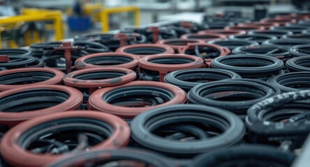 Fototapeta premium Neatly arranged silicone rubber seals for multiple container types in an industrial manufacturing environment