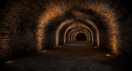 Obraz premium Medieval dungeon scene with dim arches and textured stone floor in brick and stone tunnel