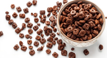 Obraz premium Chocolate cereal pads served in a simple bowl on white background