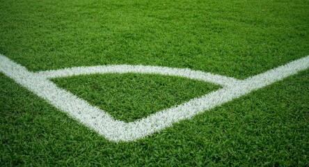 Fototapeta premium Magnified look at a soccer pitch's vivid green fake grass and clearly visible white game boundary lines