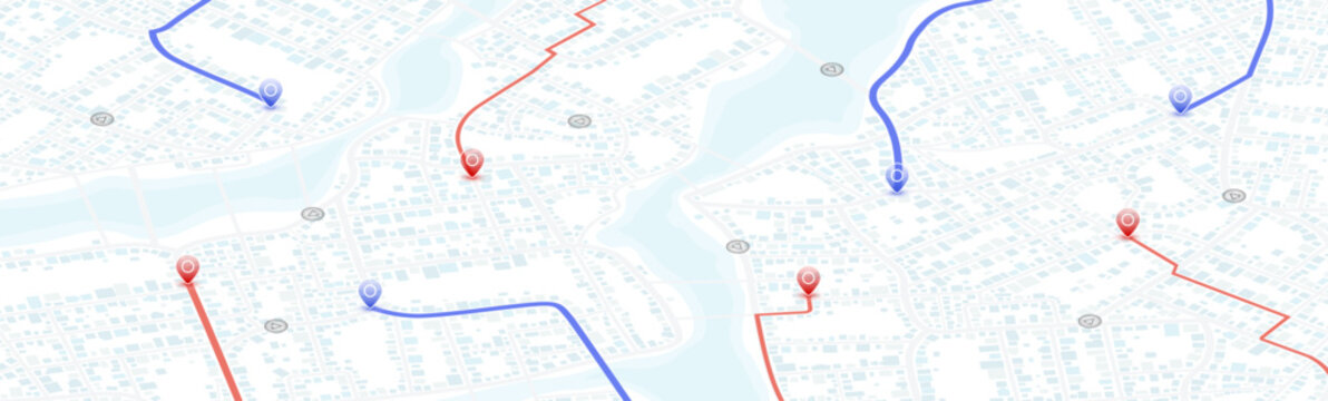 Urban map with blue and red routes across waterways. Vector illustration.