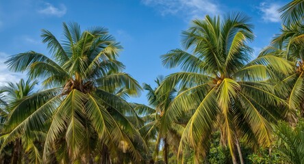 Fototapeta premium Lush palm oil trees growing with vibrant green leaves and open blue sky