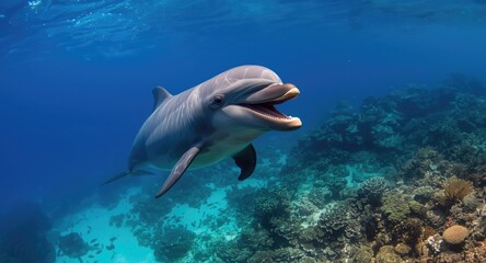 Naklejka premium Exuberant bottlenose dolphin swimming alongside coral reefs