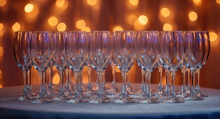Obraz premium Empty champagne glasses arranged on table with soft party lights and blank copy space