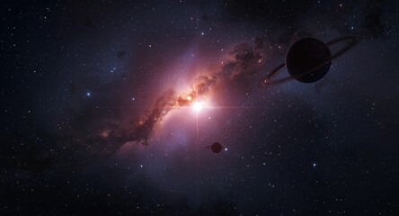 Fototapeta premium luminous cosmic flare in a nebula scene with orbiting planets and a twilight star background