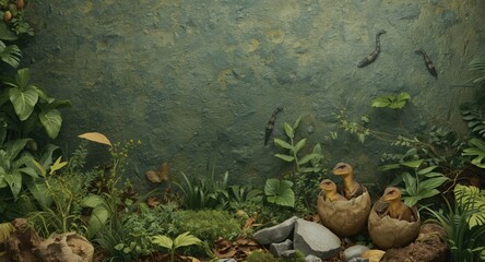 Naklejka premium Baby dinosaurs coming out of eggs in a textured lush ancient landscape full of natural elements