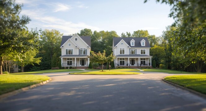 High end two story homes lining a suburban cul de sac with well maintained outdoor spaces