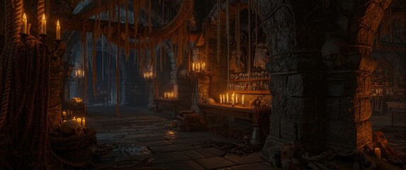 Fototapeta premium Medieval dungeon with dripping ropes skull decorations candles and water reflections