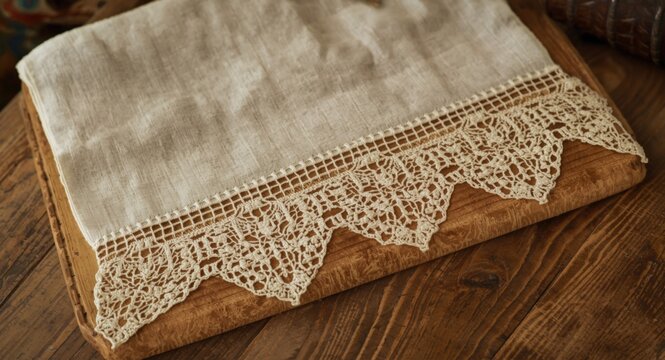 Exquisite vintage lacework displayed with authentic Russian crafts on a textured wood base