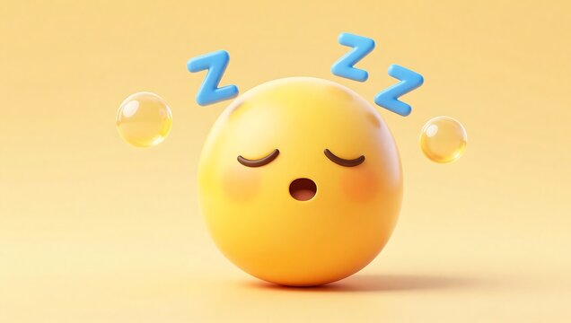 Sleepy emoticon with zzz signs and bubbles on yellow background smiling face