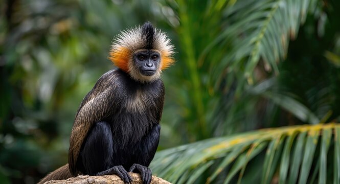 Endemic red shanked douc langur highlighted against tropical foliage background