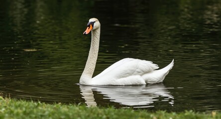 Fototapeta premium Joyful swan pet floating gently on clear lake water surrounded by green lawn