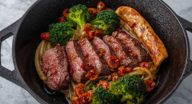 Sliced dry aged beef steak with hot chili and broccoli rabe rapini presented on contemporary cast iron dish