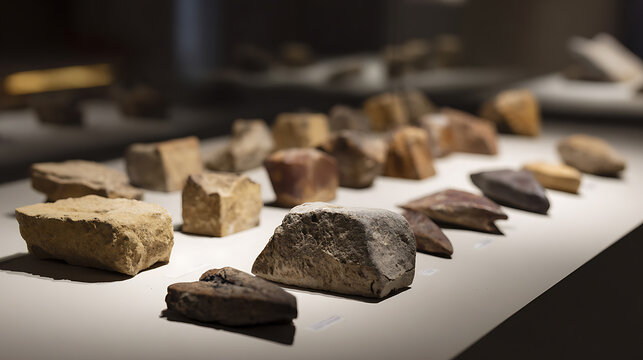 Ancient Stone Tools and Artifacts Displayed on a Lighted Surface in a Museum Exhibit with a Shallow Depth of Field