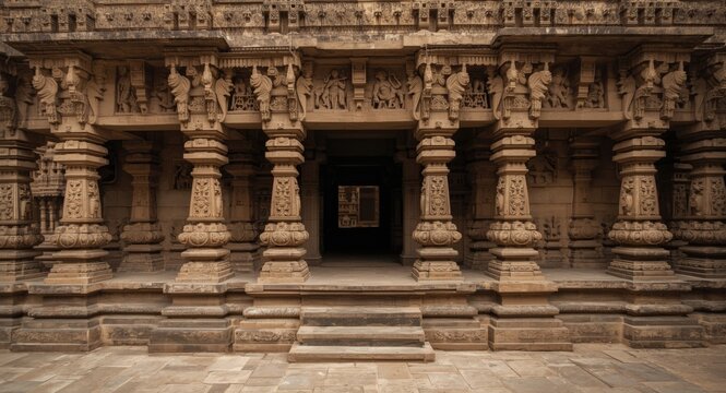 Ancient stepwell with ornate inverted temple-inspired stone carvings