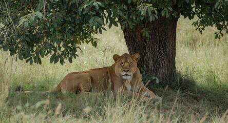 Obraz premium Peaceful lioness lounging quietly beneath leafy tree canopy