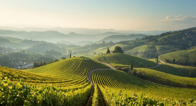 High viewpoint of picturesque rolling hills abundant with cultivated Prosecco vineyards