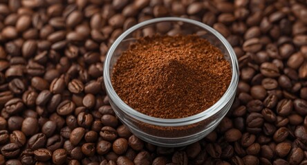 Naklejka premium Glass bowl filled with natural ground coffee resting on a surface covered in coffee grains