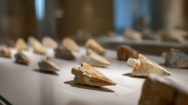 Ancient Stone Tools Exhibit: Variety of Prehistoric Artifacts Displayed in a Museum Setting, Highlighting Paleolithic Technology