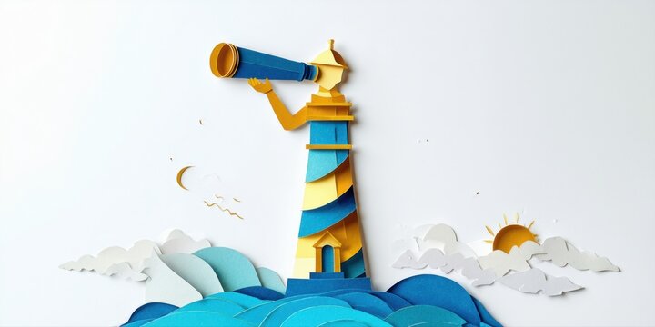 Papercraft lighthouse stands amid waves. Person observes horizon using telescope. Sun, moon coexist in whimsical scene.