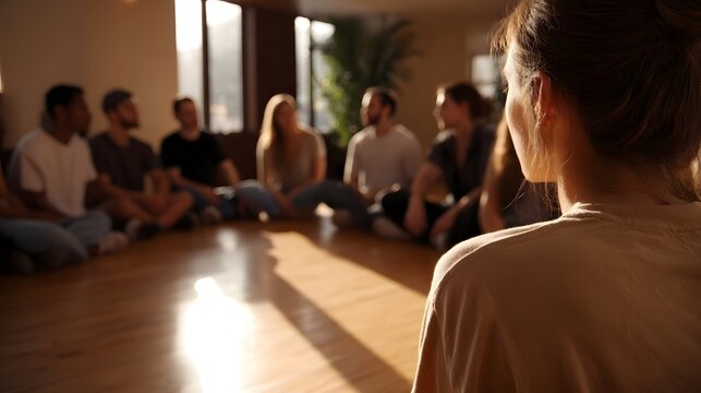 A diverse group of people sit in a circle in a sunlit room engaged in a supportive meeting