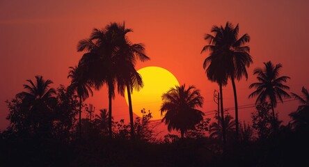 Obraz premium Retro Styled Sunrise with Silhouetted Palm Trees and Warm Glow