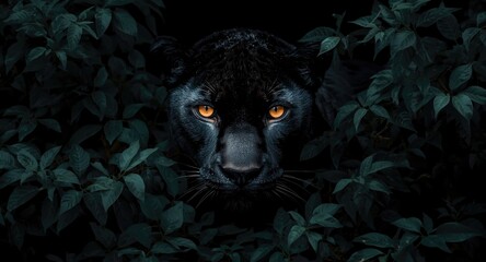 Obraz premium Intense black panther surrounded by dense dark green leaves orange eyes glowing with detailed fur texture copy space