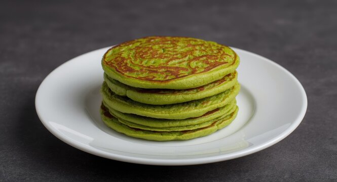 A white plate filled with fluffy, vibrant green mung bean pancakes neatly stacked