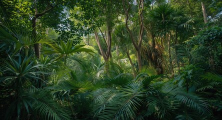 Naklejka premium Vibrant tropical forest showcasing a mix of dense trees and complex plant shapes
