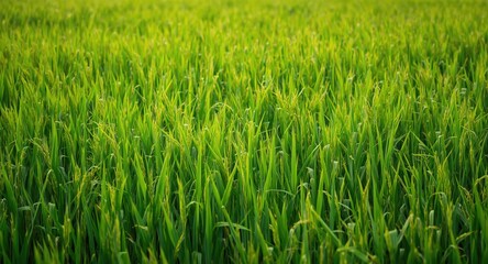 Fototapeta premium Fields lush with growing rice plants in bright green tones