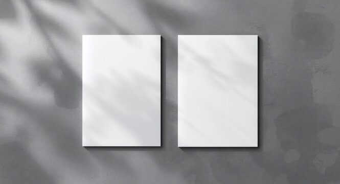 Minimal white bi fold brochures in A4 and A5 formats positioned side by side on a textured gray backdrop with visible shadows