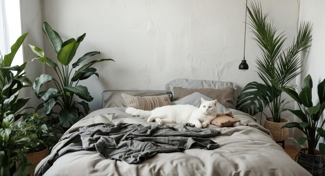 Minimalist bedroom interior featuring a white cat lounging among lush plants for an urban jungle vibe
