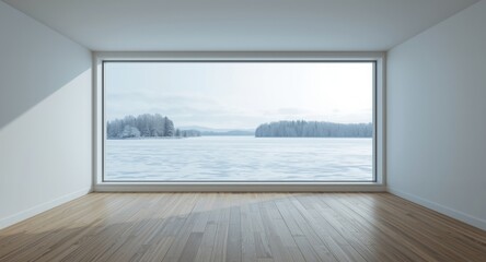 Fototapeta premium Simple empty room with vast window framing frozen winter scenery