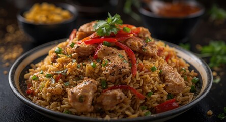 Fototapeta premium Scrumptious chicken fried rice mixing Indian and Chinese cuisine traditions served on a plate