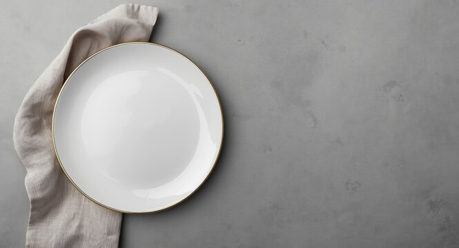 Overhead imagery of a fine porcelain plate paired with a textured fabric napkin on a neutral gray field