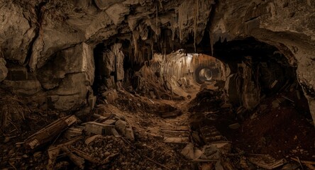 Fototapeta premium Old mining tunnel filled with dirt and collapsed material
