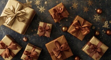 Fototapeta premium Festive arrangement of luxurious gold and brown gift boxes with elegant ribbon bows on a dark textured surface