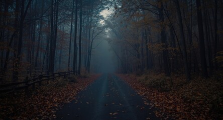 Obraz premium Autumn forest lane cloaked in nighttime fog with scattered dry leaves 3d design