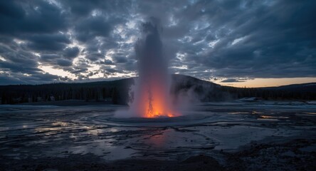 Famous natural geyser erupting with dramatic evening atmosphere