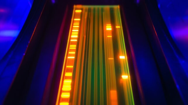 Agarose gel slab glowing bright orange and green fluorescent bands under UV transilluminator light.