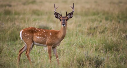 Naklejka premium Roe deer captured in wild grassland habitat