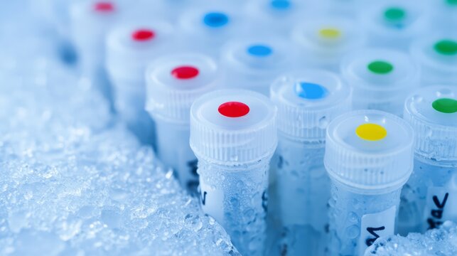 Row of frosted microcentrifuge tubes sitting in a styrofoam ice block.