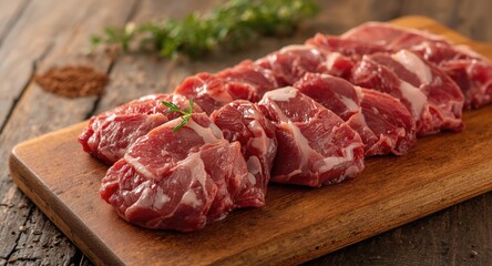 Obraz premium Selection of uncooked goat meat pieces on a wooden board ready for diverse cooking methods