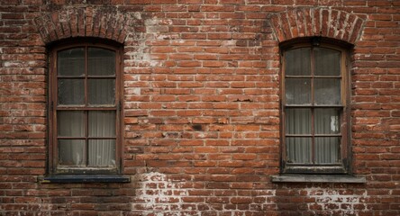 Fototapeta premium Rustic textured brick wall incorporating vintage windows perfect for urban themed backdrops