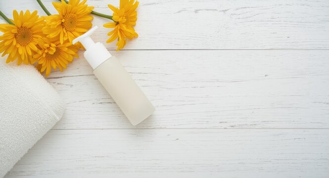 Peaceful arrangement of yellow chrysanthemum with cosmetic cream and towel on white wood texture providing copy space