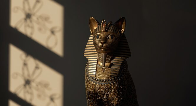 Ornate Egyptian cat statue featuring detailed golden jewelry on a concealing shadow background